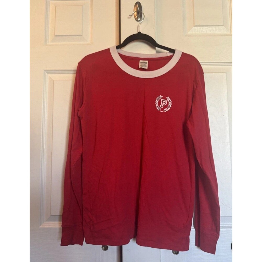 PINK by Victoria Secret Long Sleeved Varsity Crew Neck  T-Shirt Red Large